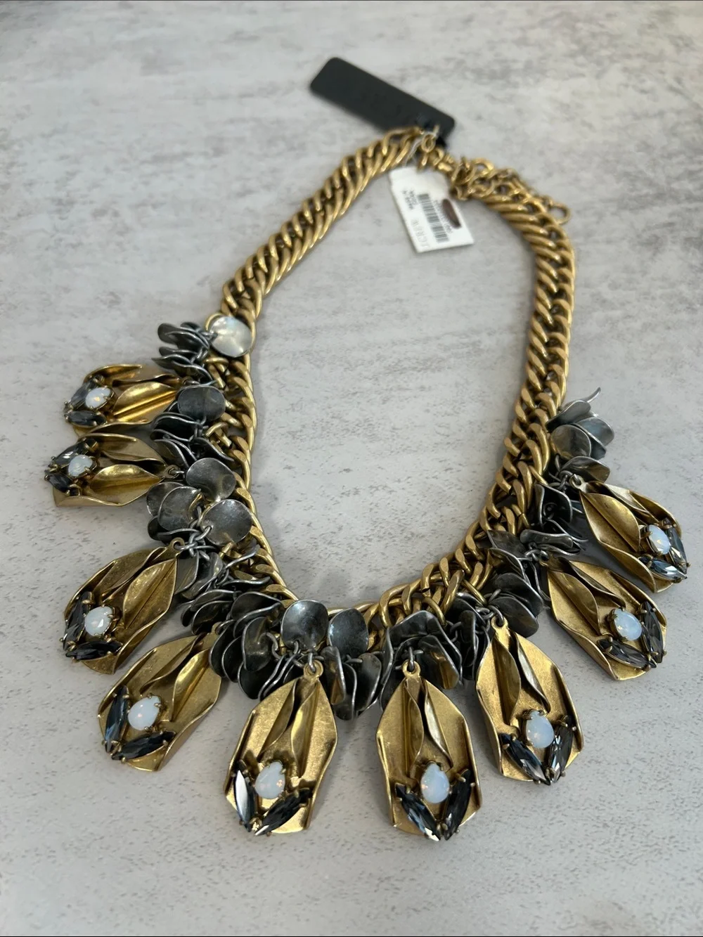 J.Crew Art Deco Gold Opal Drop Disc Necklace featuring chunky mixed-metal chain